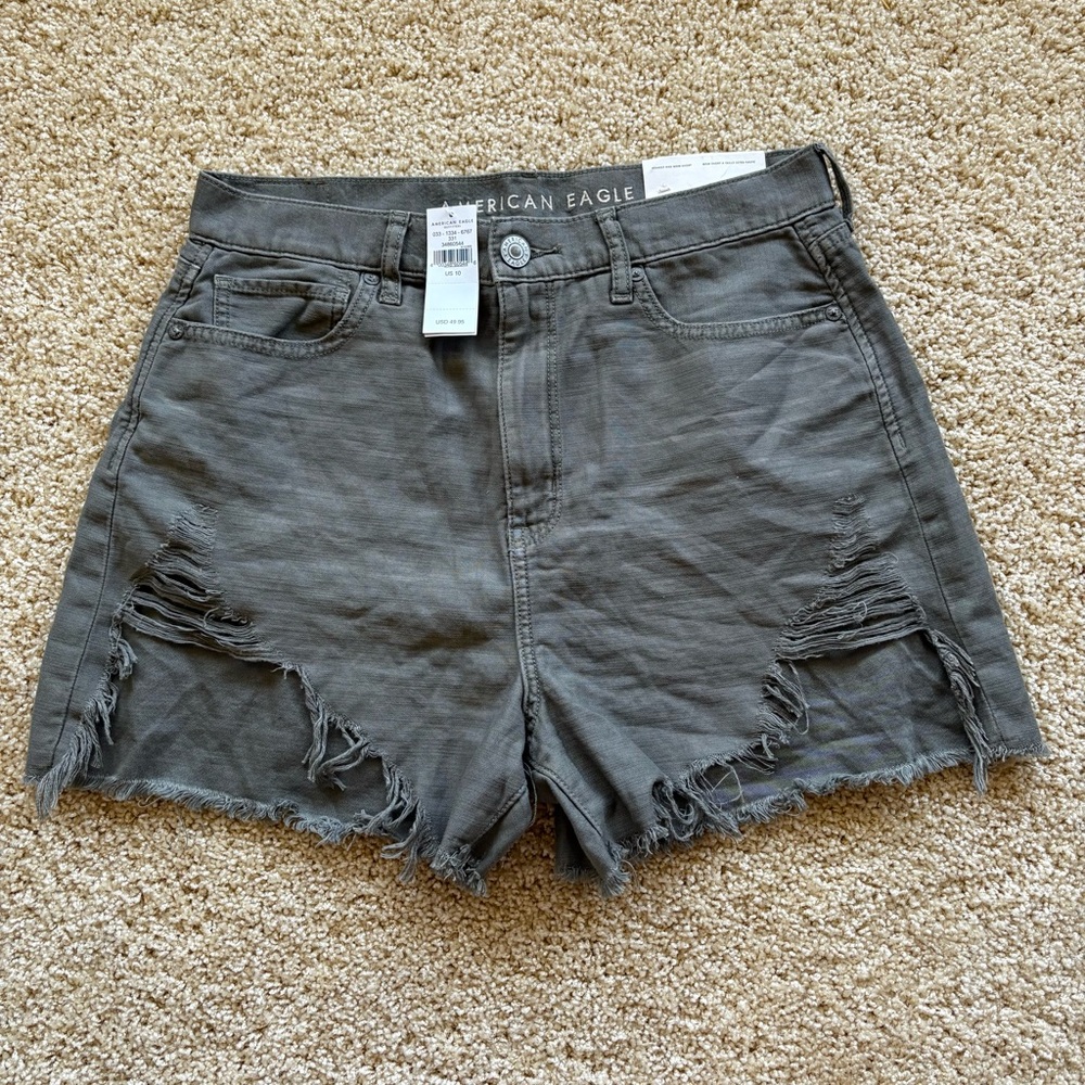 American Eagle Highest Rise Mom Shorts Olive‎ Gray Raw Hem Denim Womens Size 10